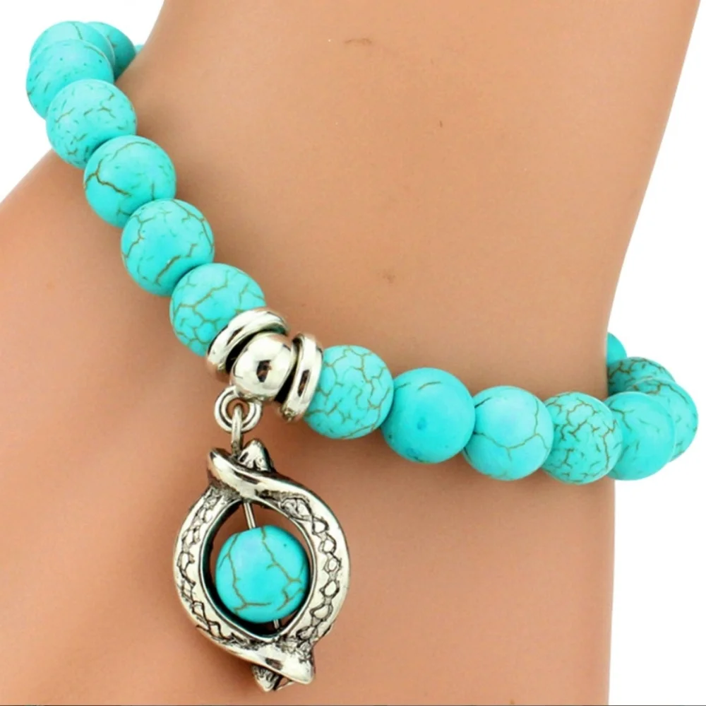 Turquoise Charm and Beaded Stretch Bracelet